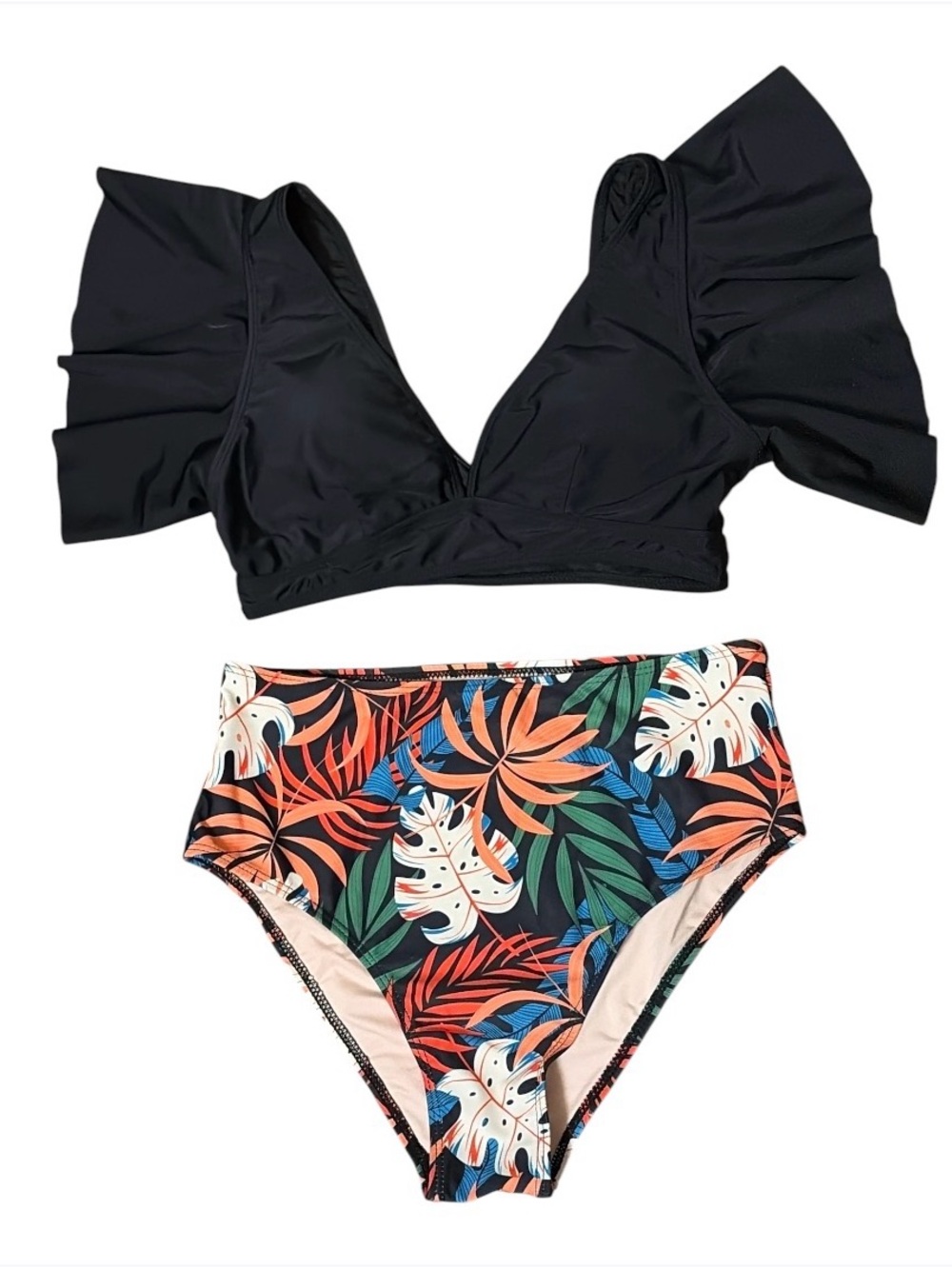 A18 IFFEI Black Ruffled Sleeve Bikini Top  Tropical High-Waist Bottoms NWT 2p